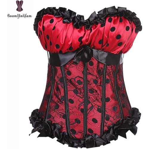 Black Polka Dot Corset Lace Overlay Women Sexy Plus Size Lingerie Double Elastic Shoulder Strape Underwear Side Zipper Corselet