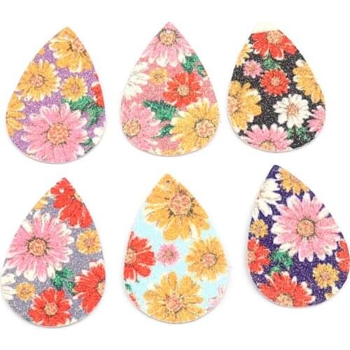 Doreen Box Vintage Sunflower Pattern Colorful PU Leather Pendants Glitter Water Drop Shaped Charms DIY Making Earrings Jewelry