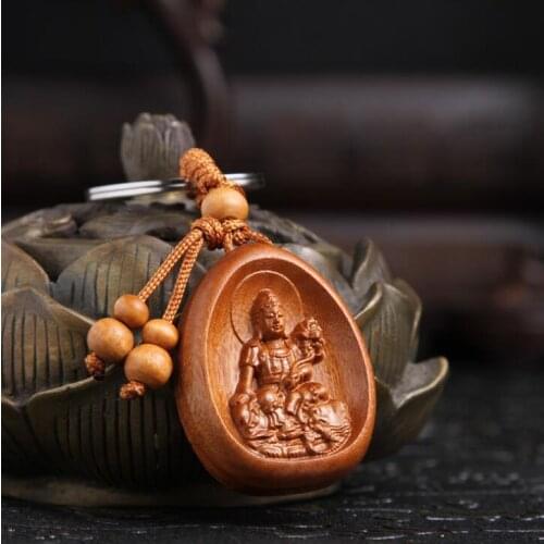 Chinese Peach Wood Carved Patron Saint Puxian Bodhisattvas Original Life Buddha Exquisite Car Key Chain Pendant