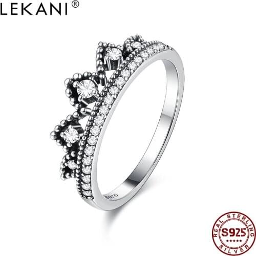 LEKANI Genuine 925 Sterling Silver Dazzling Crown Finger Rings For Women Luxury Zircon Vintage Ring Statement Elegant Jewelry