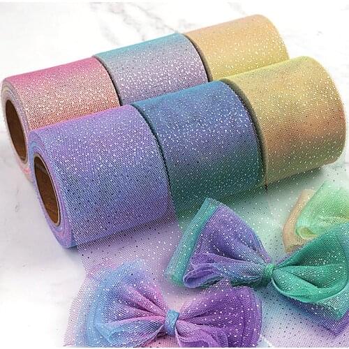 6cm 25Yards Glitter Ribbons for Crafts Diy Rainbow Gradient Organza Powdering Decorative Ribbons for Needlework Sewing Ribbon