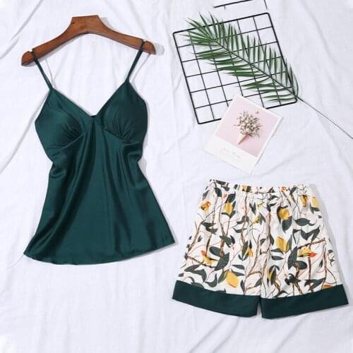 Summer Green pijama Birds Print Sleepwear Women Pajamas Sets Shorts Sexy Satin Pyjama Nightwear Pajamas Women with Chest Pad 937