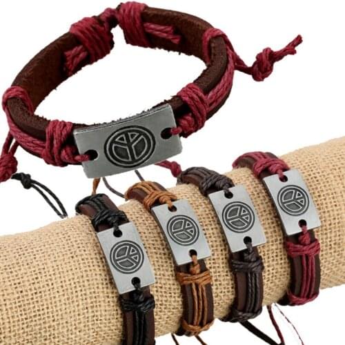 Fashion Vintage Retro Women Men Peace Genuine Leather Bracelet Wrap Adjustable Rope Charm Bangle Wristbands Unisex Jewelry Gift