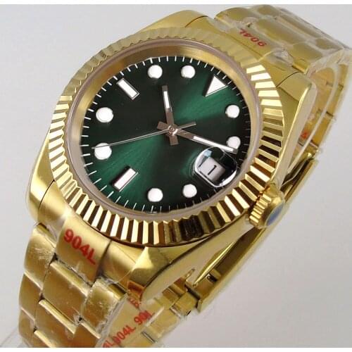 36mm Fluted Bezel Gold Selfwinding Men Watch NH35A Sunburst Green Dial Oyster Band Date Mganifier