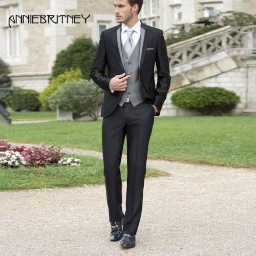 ANNIEBRITNEY 3 Piece Black Men Wool Suit With Grey Waistcoat Custom Groom Wedding Suit Tailor Made Prom Wedding Men Suit Set