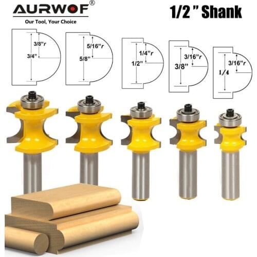 LAVIE 5 PCS 12mm 1/2 Shank Bullnose Half Round Bit with Bearing Endmill Bits for Wood Woodworking Tool Milling Cutter MC03009