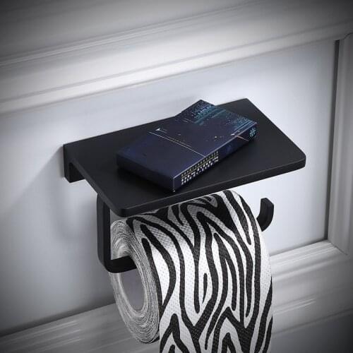 Bathroom Toilet Paper Holder with Mobile Phone Storage Shelf, Tissue Holder Paper Roll Dispenser Wall Mounted Black