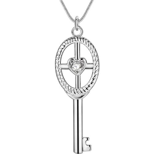 Wholesale Silver Plated Charm Jewelrys Necklace,free Shipping Fashion Jewelry Pendant Key Inlaid Heart-shaped Stone AN156