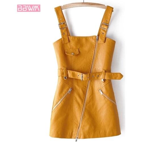 Korean fashion PU leather straps slim waistband Harajuku womens dress 2019 autumn new slim college wind female dress Black pink