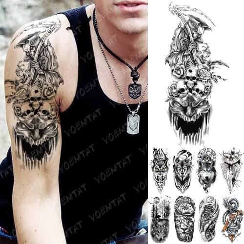 Waterproof Temporary Tattoo Sticker Skull Grim Reaper Hell Flash Tattoos Lion Compass Body Art Arm Fake Tatoo Women Men