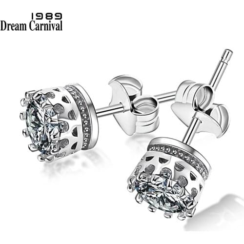 DreamCarnival 1989 Popular Crown Style Stud Earrings for Women High Quality Clear White Zircon Stone Luxury Daily Wear SE07488RB