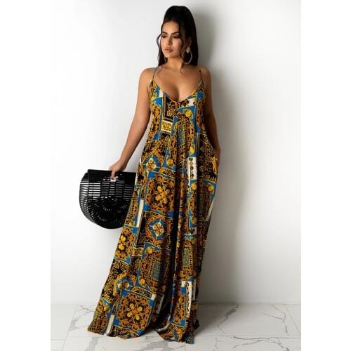 2021 Best Quality Famous Brand Dress Luxury Print Spaghetti Strap Summer Sexy Loose Maxi Dress Vestidos
