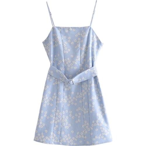 2021 Women Vintage Flroal Printed With Belt Mini Dress Sexy Spaghetti Strap Backless Dress Female Casual Summer Dresses