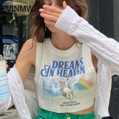 LVINMW Vest Rainbow Ribbed Casual Fashion Tops Letters Slim Simple Stretchy Women Clothes Sleeveless Horse Print Navel Summer