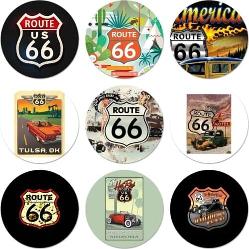 Vintage Style America Route 66 Icons Pins Badge Decoration Brooches Metal Badges For Backpack Decoration 58mm