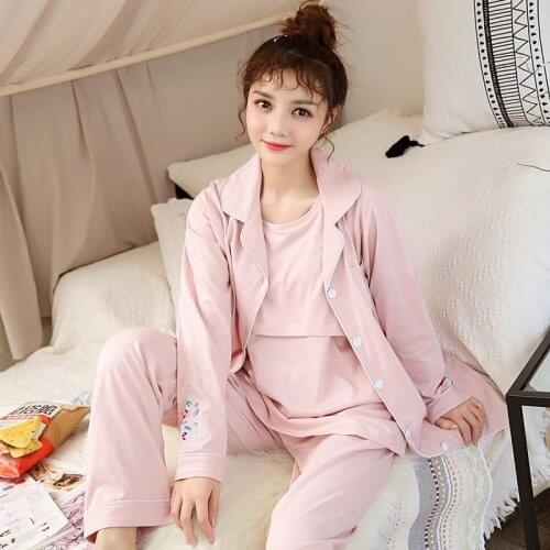 3PCS/Set Embroidery Cotton Maternity Nursing Sleepwear Breastfeeding Nightwear for Pregnant Women Pregnancy Feeding Lounge