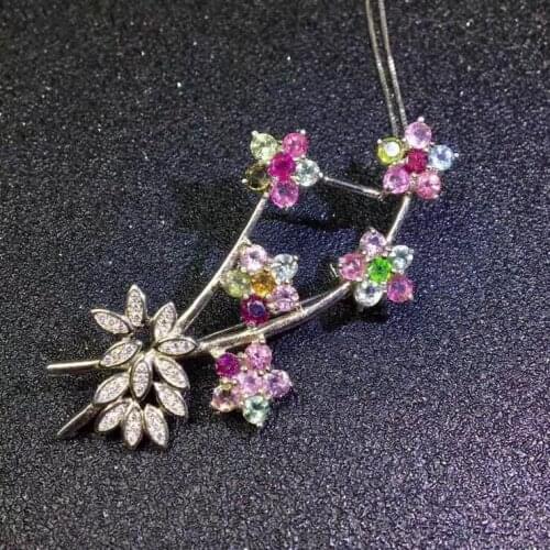 Natural multicolor tourmaline brooch S925 silver Natural gemstone brooch Pendant trendy Lovely flowers women gift party jewelry