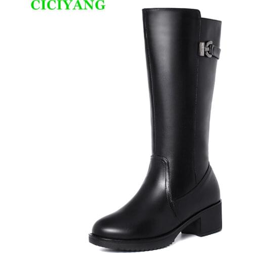 2020 New Winter Womens Boots Genuine Leather Mid-tube Thick Heel Long Boots Warm Wool Riding Boots Black Plus Size Women Shoes