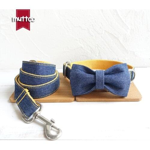 MUTTCO Pet bowtie collar THE YELLOW JEAN handmade mazarine and yellow 5 sizes dog collars and leashes set Butterfly Knot UDC037