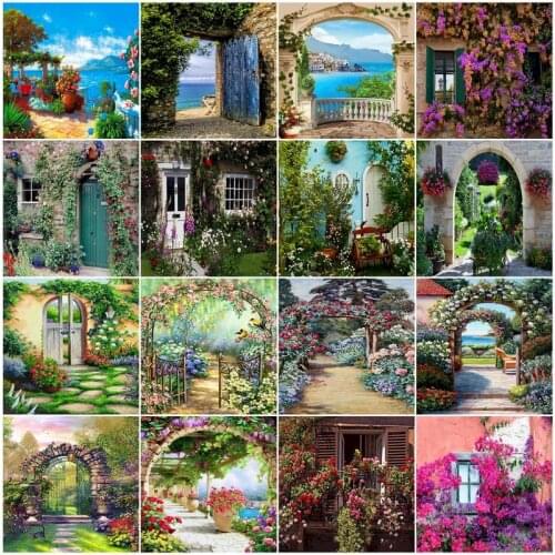 Blue Sky Oil Painting By Number With Frame On Canvas Garden Landscape Acrylic Paint For Adult Coloring By Number Drawing Picture