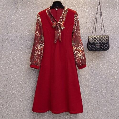 L-5XL plus size women elegant Patchwork slim dress autumn winter 2021 long sleeve v neck bow flower print A line dresses vestido