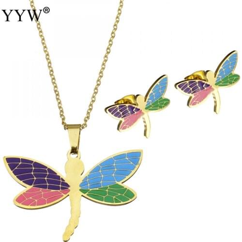 Fashion Stainless Steel Jewelry Sets Men Fashion Gold Color Plated Dragonfly Stud Earring & Pendant Necklaces