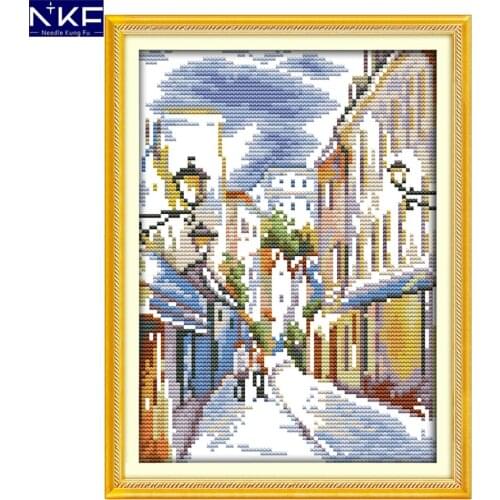 NKF The Beautiful Street View Stamped Cross Stitch Pattern DIY Kit Needlework Embroidery Set Chinese Cross Stitch for Home Decor