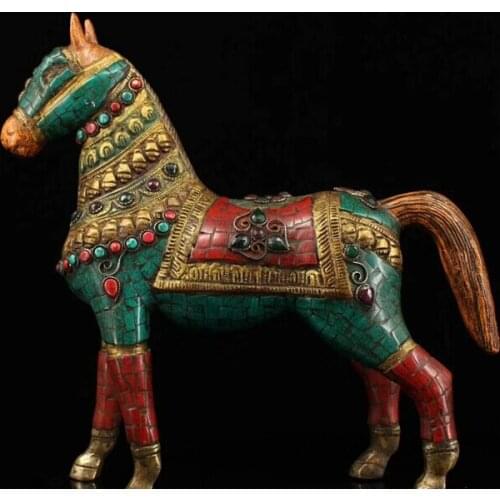 Nepalese craft pure copper color painting inlaid with gemstone, pine stone and Shoma ornament, home decoration horse collection