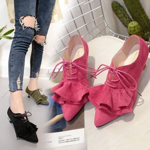 Autumn Winter Stiletto Mid-heel Single Shoes Womens Fashion Lace-up Pointed Toe High Heel Shoes Suede Ladies Party Dress Shoes