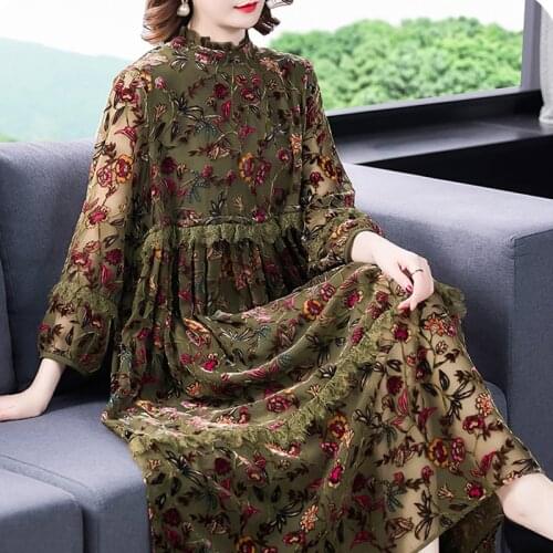 Fall Vintage Womens Ruffles Lantern Sleeve Velour Printed Flower Dress , Woman Loose High Waisted Lace Patchwork Velvet Dresses