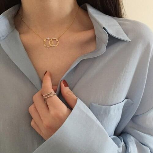 Circle Interlock Choker Necklace Double Circle Pendant Necklace Gold Silver Color Round Geometric Collar Fashion Women Jewelry