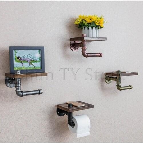 Industrial Pipe Toilet Paper Holder with Rustic Wooden Shelf and Cast Iron Pipe Hardware,Wall Mounted Tissue Holder for Bathroom