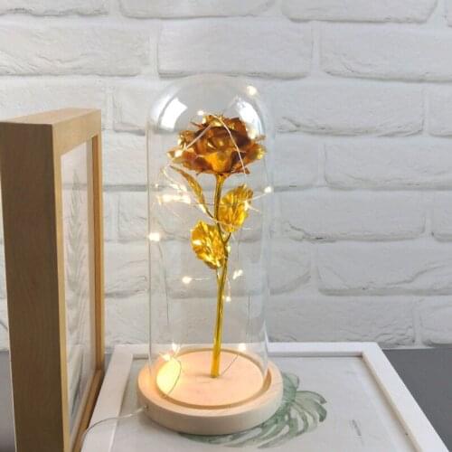 LED Red Rose Light In Glass Wooden Base Beauty And The Beast Rose In Flask For Wedding Party Gift Artificial Flower Decoration