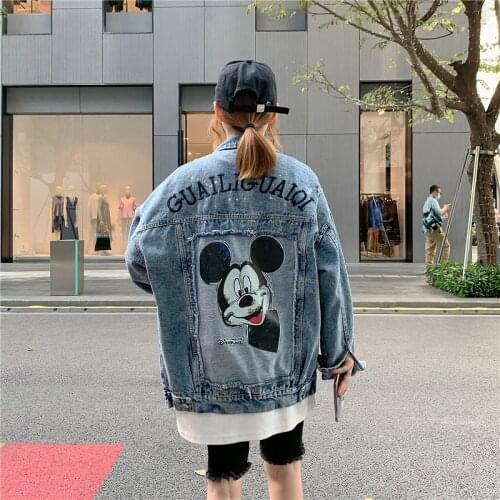 Disney Womens Mickey Mouse Denim Jacket Autumn Winter Long Sleeve Retro Coat Hole Jean Jackets Casual Outerwear Cartoon Tops