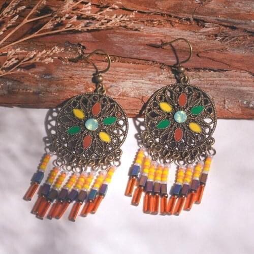 Boho Tassel Long Earrings Bronze Hollow Round Flower Beads Drop Fashion Earrings for Women 2019 Statement Vintage Ethnic Jewelry