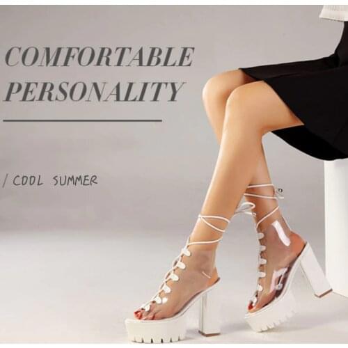 ARQA New Womens Transparent Sandals Clear PVC Crossed Lace up Thick Bottom Shoes Peep Toe Platform Thick High Heels Gift Female