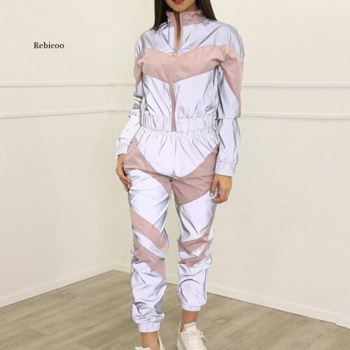 Women Tracksuits 2 Piece Set Reflective Crop Top Pants Fashion Ladies Loose Zipper Jacket Coat Trouser Suit