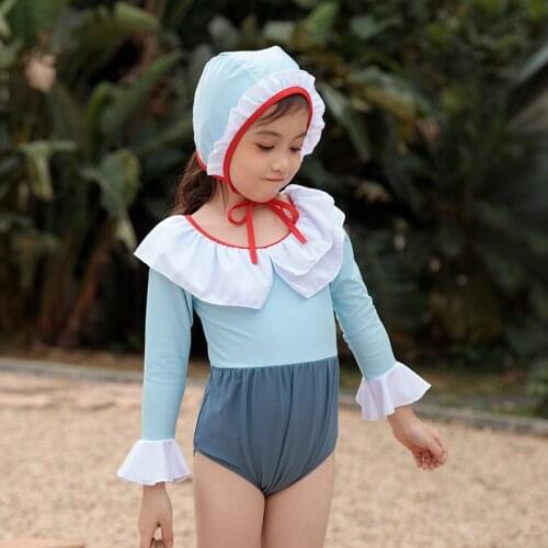 3-12Y Girls One-Piece Swimsuit Ruffle Hot Spring Vacation Children Swimwear Baby Kid Long Sleeve Quick Dry Sunscreen Beachwear