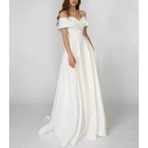 Elegant Satin A-Line Long Off Shoulder Wedding Dress with Pockets Floor Length Pleated Abendkleider Maxi Bridal Gowns for Women