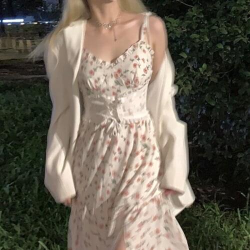 2021 Autumn Vintage Elegant Strap Dress Women Floral Retro Evening Party Midi Dresses Print Casual Sweet Korean Fashion Dresses