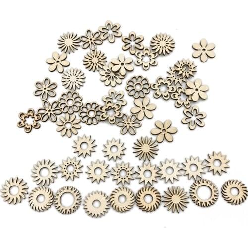 50PCS Wood Flower Shape Natural Wooden for Handmade DIY Crafts Wood Ornament Scrapbooking Home Decoration