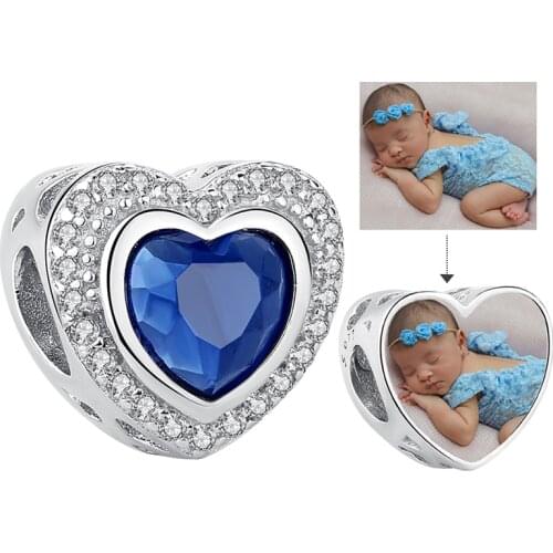 BELAWANG Wholesale European Blue CZ Heart Bead 925 Sterling Silver Charm Fit Original Bracelet Personalized Custom Photo Jewelry