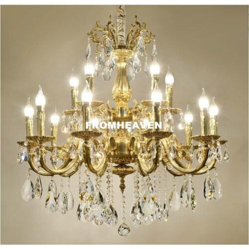 Free Shipping European 100% Copper Crystal Chandelier Hanging Lamp Bronze E14 LED AC Lighting Fixture Lustre Suspension Lighting