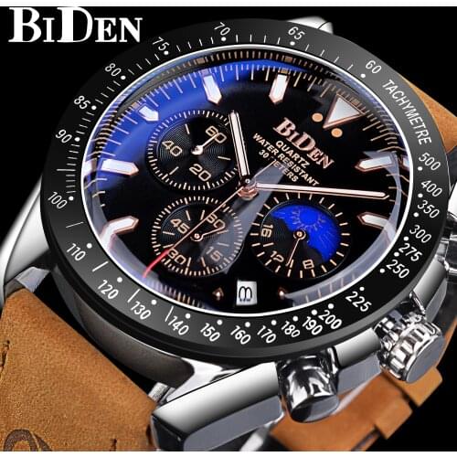 BIDEN Waterproof Automatic Quartz Watch Men Sport Style Military Wristwatches Man Luminous Pointers Watches Genuine Leather