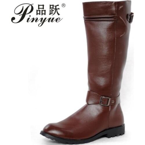New Arrival High Top PU Leather Shoes Men Round Toe Motorcycle Boot Man Buckle Black Cowboy Boot Brown Leisure Knee Boot