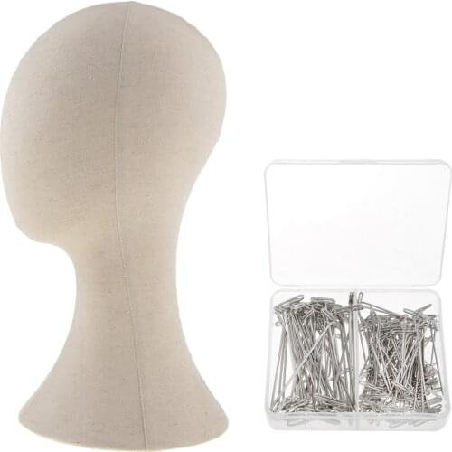 Canvas Block Head for Wig Display, Making and Styling, Mannequin Head with 150pcs 51mm & 38mm T Pins Needles