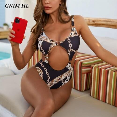 One Piece Swimsuit Women Hollow Out Bikini Mujer 2020 Sexy Print Halter Swimwear Push Up Bathing Suit Women Brazilian Biquini