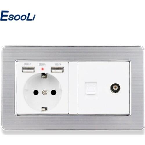 Esooli Stainless Steel Panel EU Standard Wall Socket 2 USB Charge Port Hidden Soft LED + RJ11 Telephone and Female TV Connector