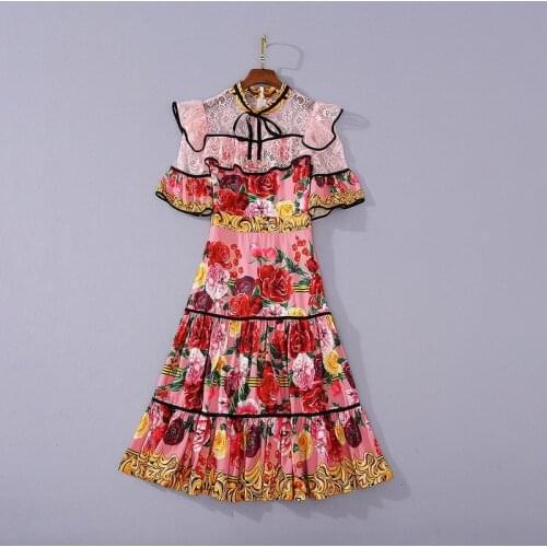 And American womens European wear 2021 summer new style Floral print with short sleeve lace stitching fashion Pleated dress