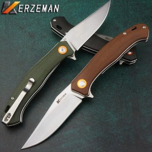 Kerzeman D2 Tactical Survival Folding Knife Camping Outdoor Ball Bearing Knives Pocket Hunting EDC Tools High-End Linen Handle